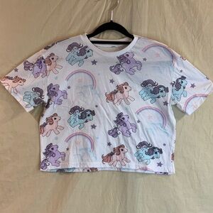 My Little Pony Pastel Rainbow Crop Tee - White with Pink, Purple & Blue Ponies